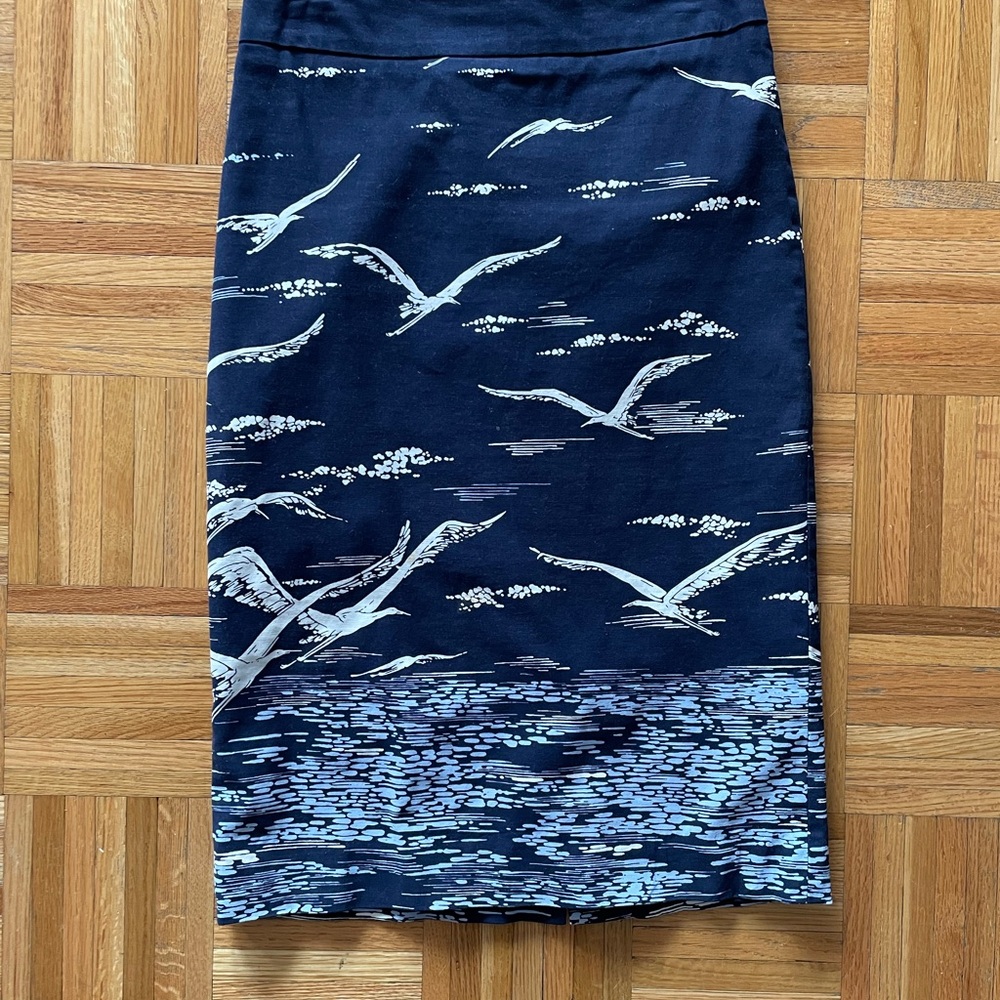 Anthropologie Navy Blue Skirt with Seagull Print